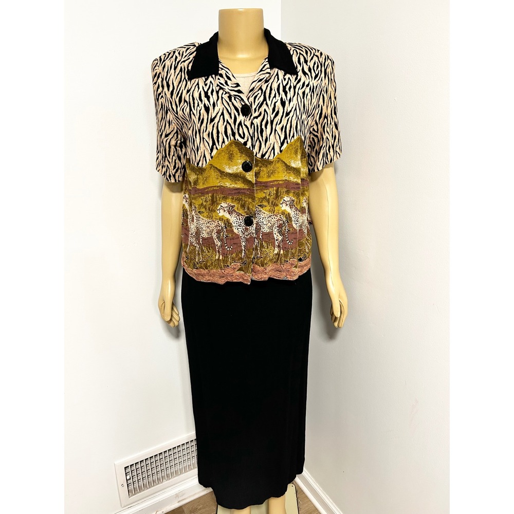 Karin Stevens Vintage 90s Safari Zebra Cheetah Print Maxi Dress Set Size 12 M